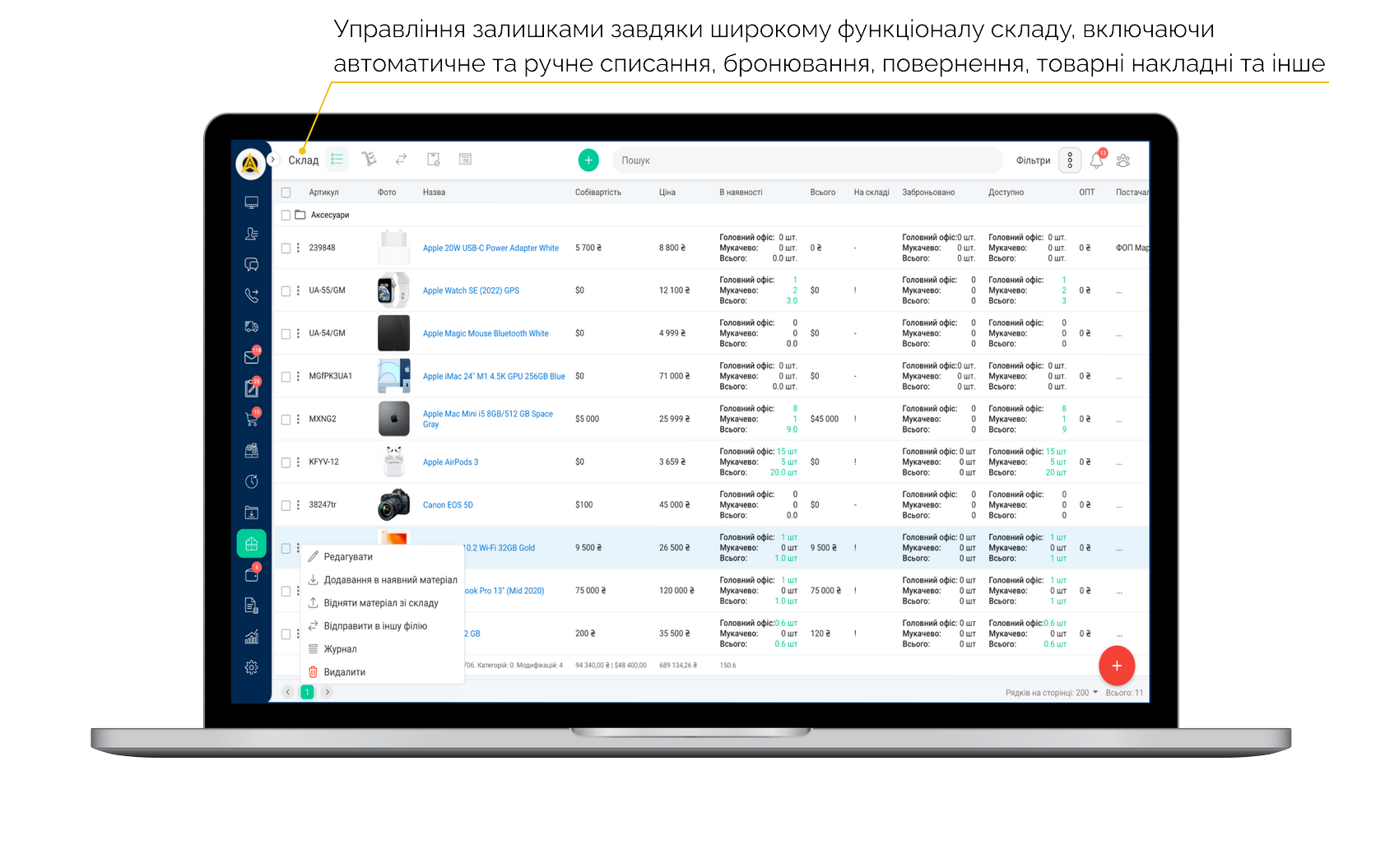 Внутрішня сторінка складу у KeepinCRM (Кіпін СРМ), управління залишками товарів